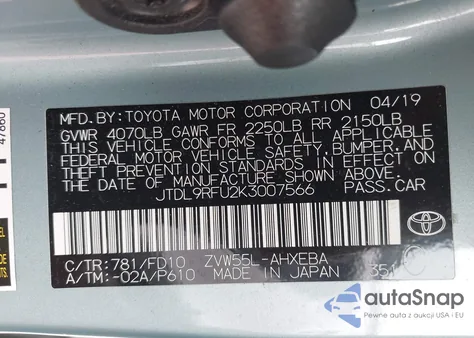 2019 Toyota Prius Le z USA, uszkodzony, nr VIN JTDL9RFU2K3007566